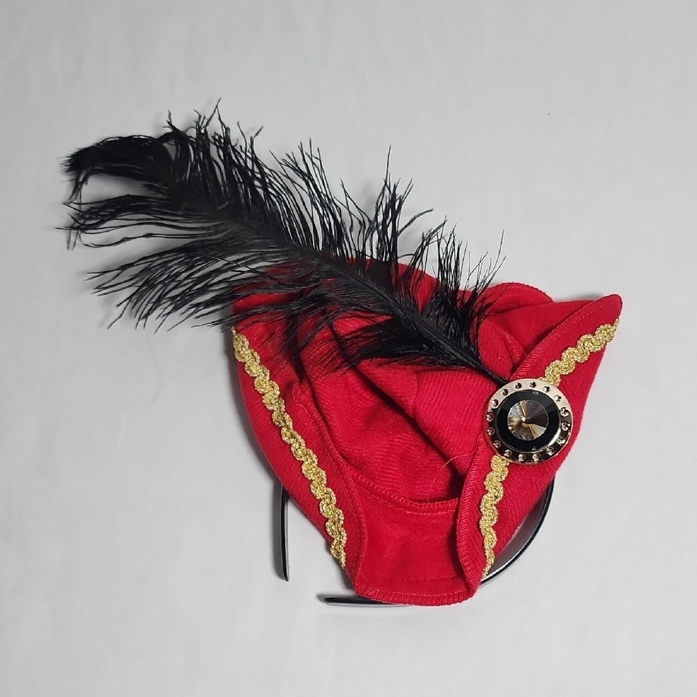 Source Unknown Red Fascinator with Black Feather and Gold Accents